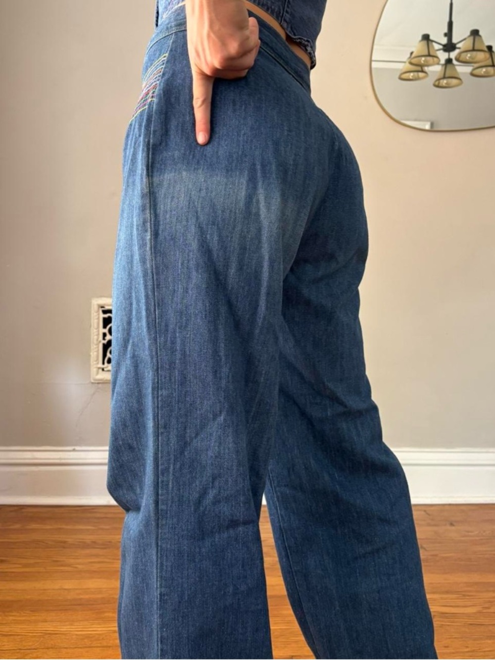 Vintage 70s Miss H.I.S. Retro rainbow embroidered denim vest + wide leg pant set - Picture 7 of 8
